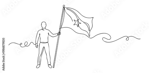 Minimalist line art illustration of a person standing with large waving flag, leadership and patriotism concept. vector