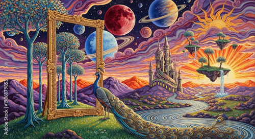 Surreal dreamscape with floating islands and planets.