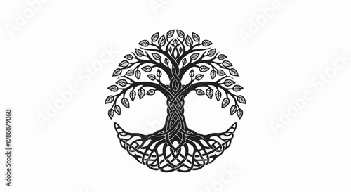 Intricate black and white Celtic knot tree of life design