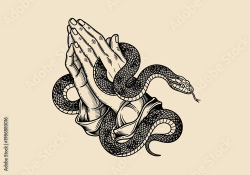 Vintage Engraving Style Illustration of Praying Hands Entwined by a Snake, Symbolic Art for Faith and Temptation