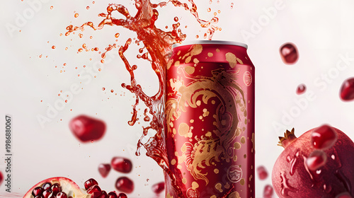 Splash of red energy drink pouring from can with dynamic droplets and bubbles on white background