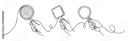 One line art of hands holding a lollipop, mirror and glass with discovery concept in minimalist line art illustration style. vector