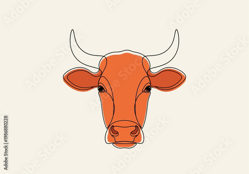 Minimalist One Line Art Illustration of a Cow Head with Terracotta Color Accents - Modern Bull Logo Design for Agriculture and Ranching