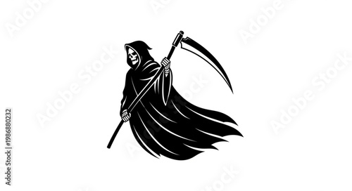 Hooded Grim Reaper Holding Large Curved Scythe Illustration.