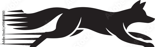 Black fox silhouette running fast on white background with motion lines
