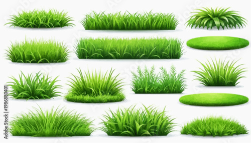 Lush green grass patches vector set, isolated on white background.
 