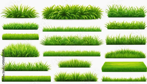 Lush green grass patches vector set, isolated on white background.
 