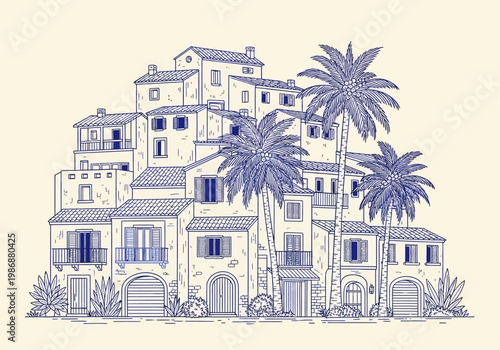 Minimalist Blue Line Art Illustration of a Mediterranean Hillside Coastal Village with Palm Trees