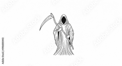 Hooded Grim Reaper Figure Holding Scythe.