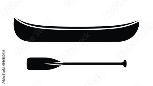 A simple black silhouette of a canoe and paddle silhouette