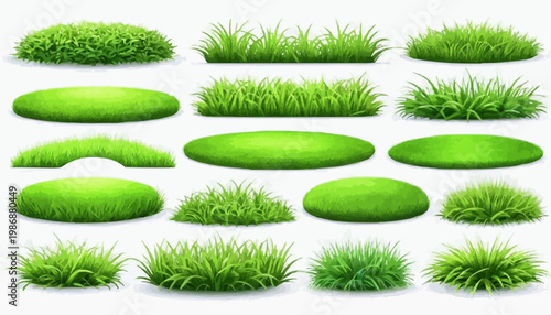Lush green grass patches vector set, isolated on white background.
 
