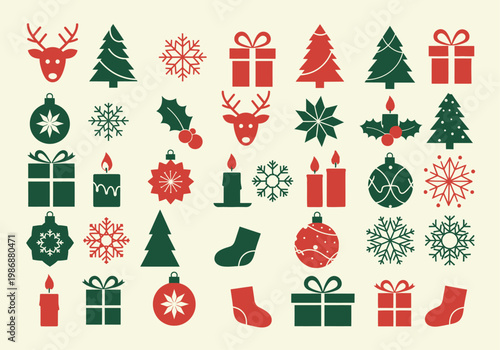 Vintage Style Christmas Icon Set Featuring Reindeer, Snowflakes, Trees, Gifts, and Holiday Ornaments in Red and Green