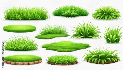 Lush green grass patches vector set, isolated on white background.
 