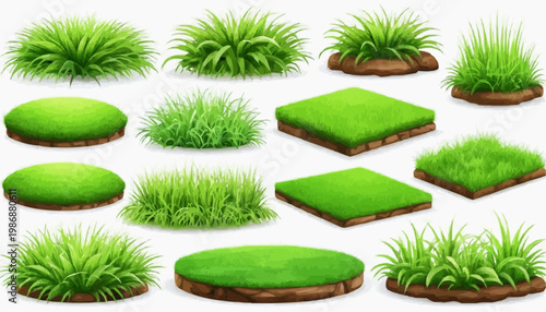 Lush green grass patches vector set, isolated on white background.
 