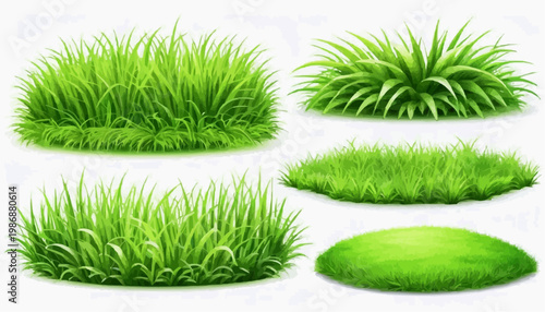 Lush green grass patches vector set, isolated on white background.
 