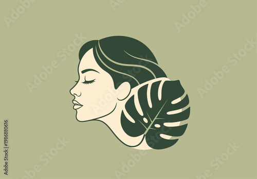 Minimalist Woman Profile Illustration with Monstera Leaf, Modern Boho Female Portrait Art with Tropical Foliage for Organic Beauty, Skin Care, and Nature Branding