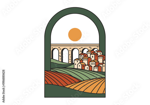 Minimalist Mediterranean Village Illustration with Stone Aqueduct, Vineyards, and Sun in an Arch Frame