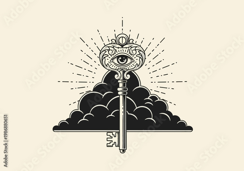 Mystical Ornate Skeleton Key with All-Seeing Eye and Sunburst over Clouds, Vintage Engraved Occult Illustration
