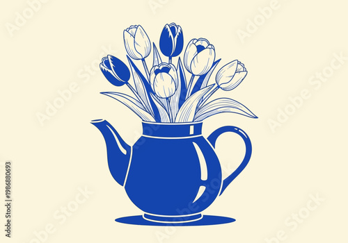 Blue Vintage Style Vector Illustration of Spring Tulips in a Classic Ceramic Teapot