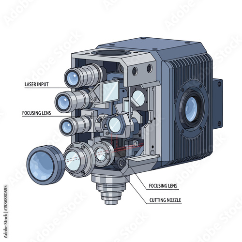 Advanced Laser Cutting Head with Focusing Lenses and Cutting Nozzle