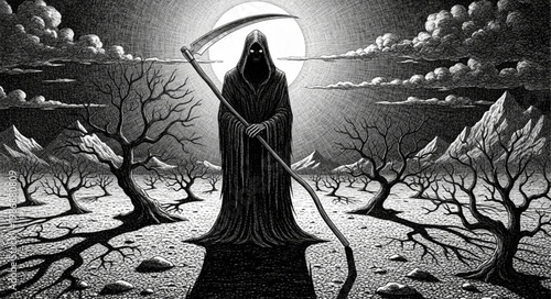 Hooded Grim Reaper Figure Holding Large Scythe.