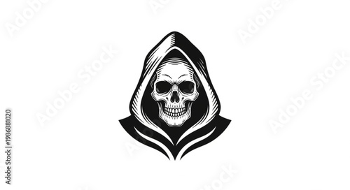 Hooded skull emblem stylized grim reaper illustration.