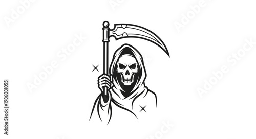 Hooded Skeleton Reaper Holding Large Scythe Illustration.