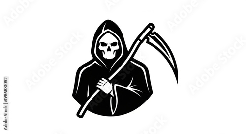 Hooded Skeleton Grim Reaper Holding Scythe Illustration.