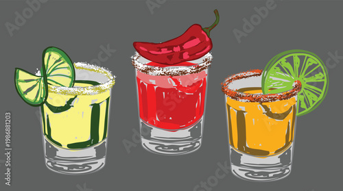 Mexican Drinks Set Tequila Shots and Spicy Bloody Maria Cocktail