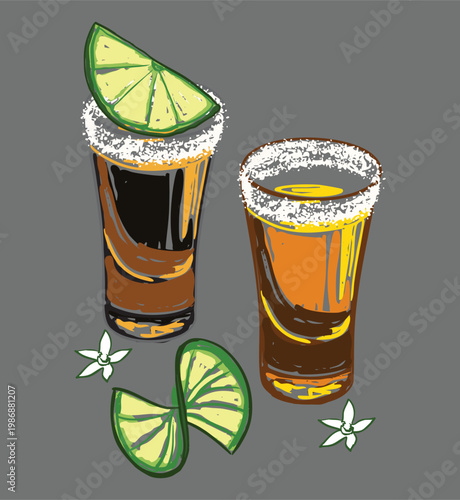 Tequila Shots with Lime and Salt Mexican Cocktail Drink Set