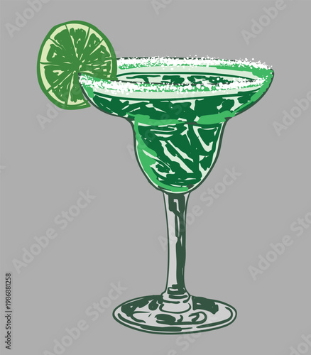 Margarita Cocktail with Fresh Lime Slice and Salt Rim Glass