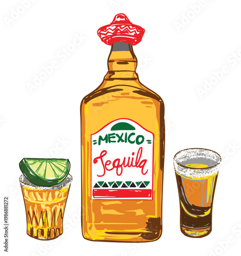 Tequila Bottle with Shot Glasses Lime and Salt Mexican Drink Set