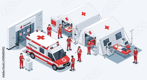 Emergency medical team providing care at a mobile hospital facility.