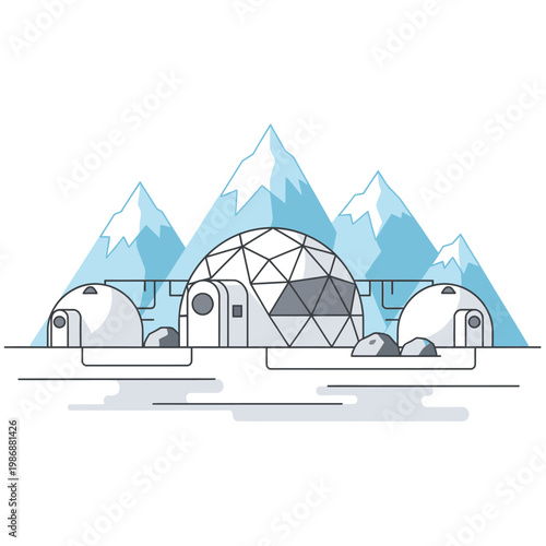 Futuristic geodesic dome settlement with snow-capped mountains in background, arctic landscape