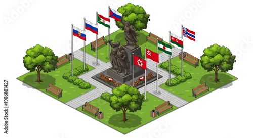 Isometric war memorial park square with soldier monument and various flags