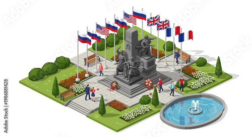 Isometric illustration of a Victory Day memorial park with flags and people paying tribute.