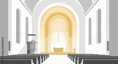 Interior of a church with rows of seats, a pulpit, and a glowing cross