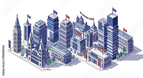 Isometric illustration of a modern urban city with diverse buildings and architecture