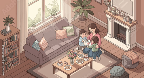 Mother and children celebrating Mother's Day with a card in a cozy living room