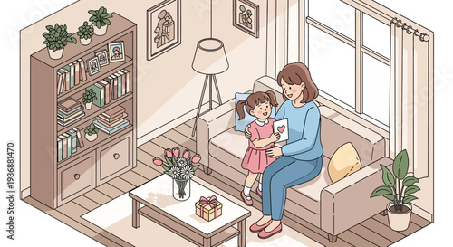 Little girl giving a heart card to her mother in a cozy living room