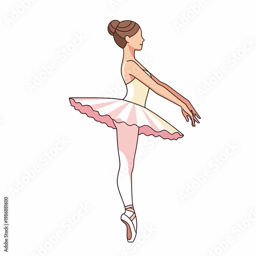Elegant ballerina in white and pink tutu performing ballet pose on white background