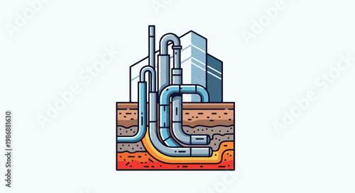 Industrial pipes in cross-section showing subterranean layers and structures