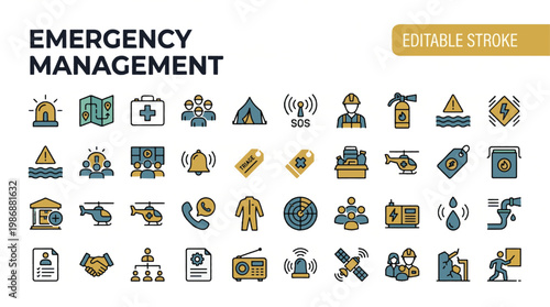  A professional two-tone line icon set featuring 30 emergency management and disaster response icons. Includes emergency siren alert, evacuation route map, first aid kit, disaster response team, emerg