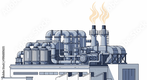 Industrial plant with complex pipe system and smokestacks emitting light orange smoke
