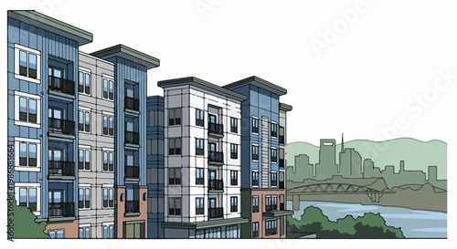 Modern apartment buildings with balconies overlook a river and distant city skyline