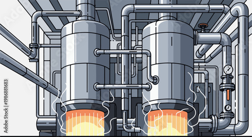 Industrial furnaces with complex pipework and visible heat and steam