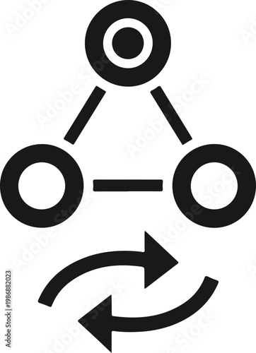Black icon of molecular structure with rotating arrow on white background