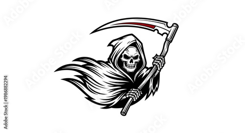 Hooded Grim Reaper With Raised Scythe Illustration.