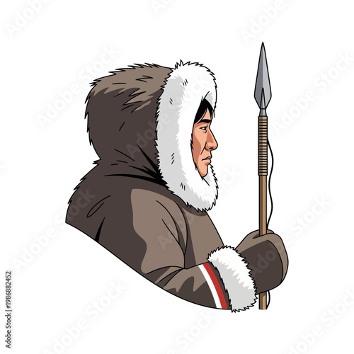 Indigenous Hunter in Fur Parka with Spear, Profile View, Arctic Native American