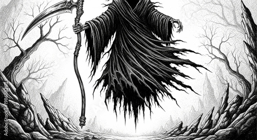 Hooded Reaper Figure Holding Curved Scythe.